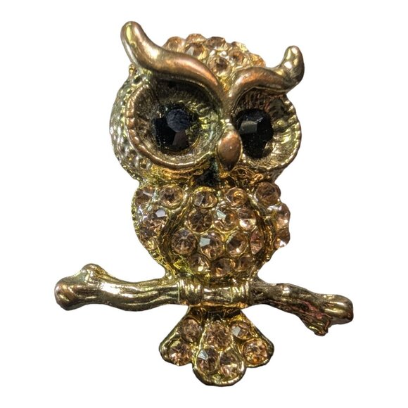 Jewelry - Vintage Pink Rhinestone Owl Brooch Pin Black Eyes
